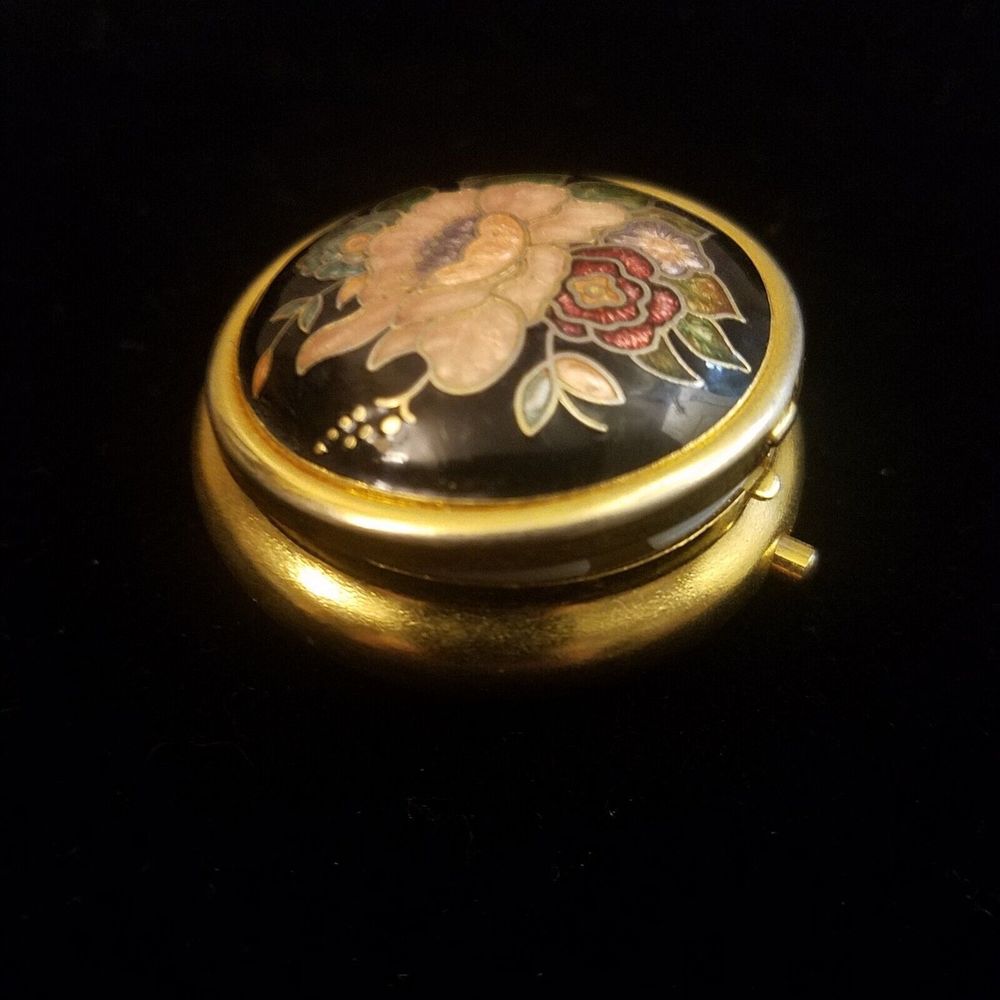 Vintage Metal Pill Box Cloisonne Guilloche Enamel With Floral Design